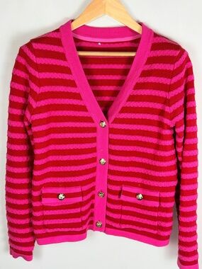 Pink Red Striped Cardigan Gold Crest Buttons Preppy Knit Sweater M Barbiecore